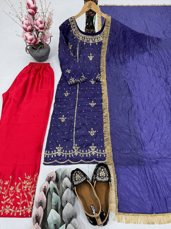 DESIGNER HEAVY GOLD CRUSHE EMBROIDERED SEQUENCE WORK WITH FANCY TOP-PENT DUPATTA SET*