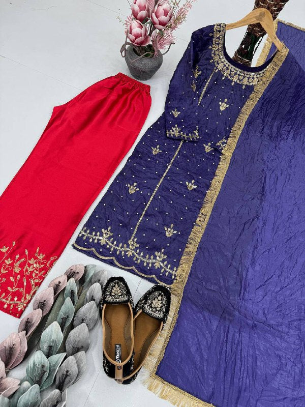 DESIGNER HEAVY GOLD CRUSHE EMBROIDERED SEQUENCE WORK WITH FANCY TOP-PENT DUPATTA SET*