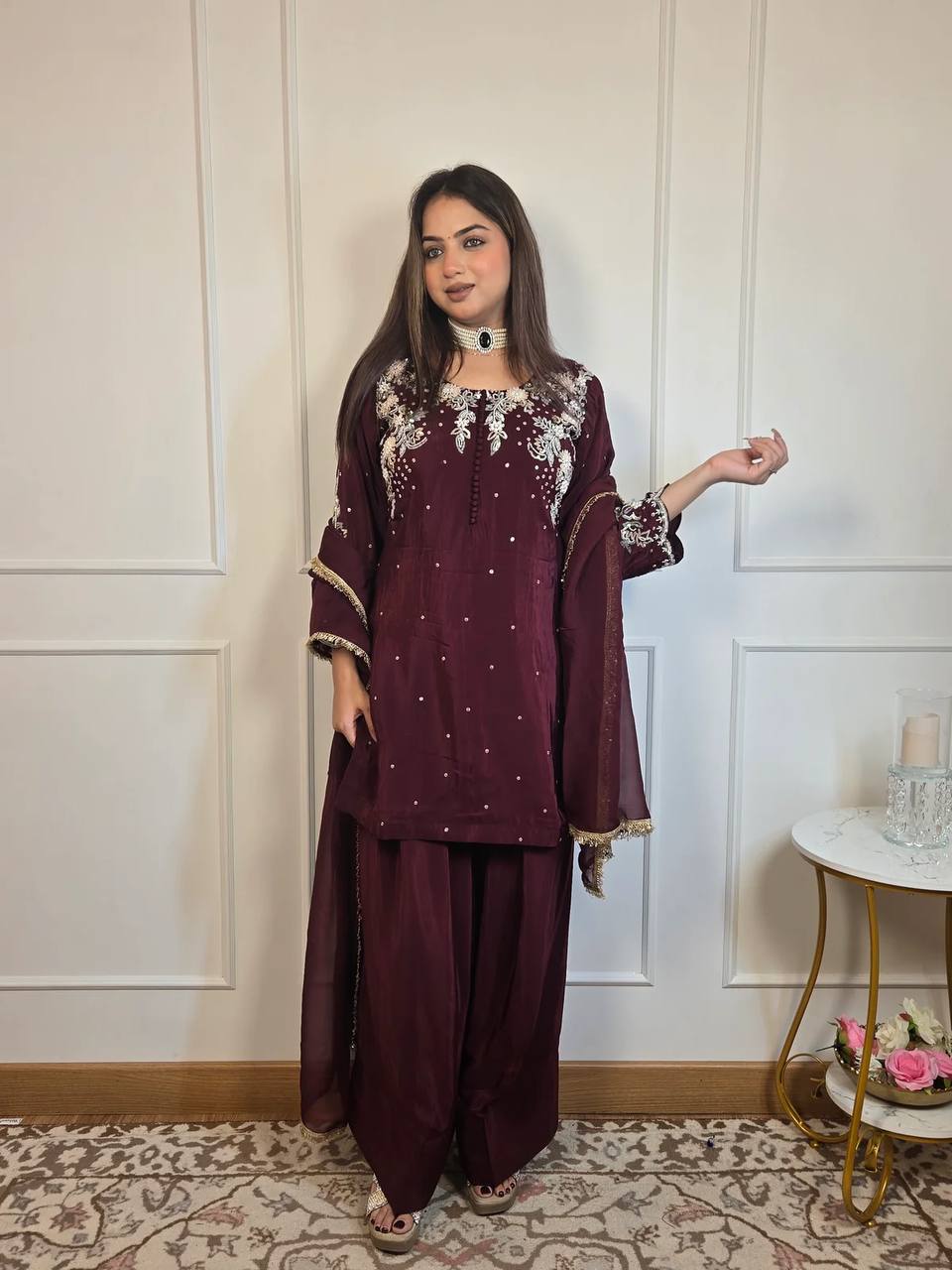 DESIGNER AND MOST TRENDING FARSI SALWAR SUIT IN THREE PIECE WITH EMBROIDERY WORK