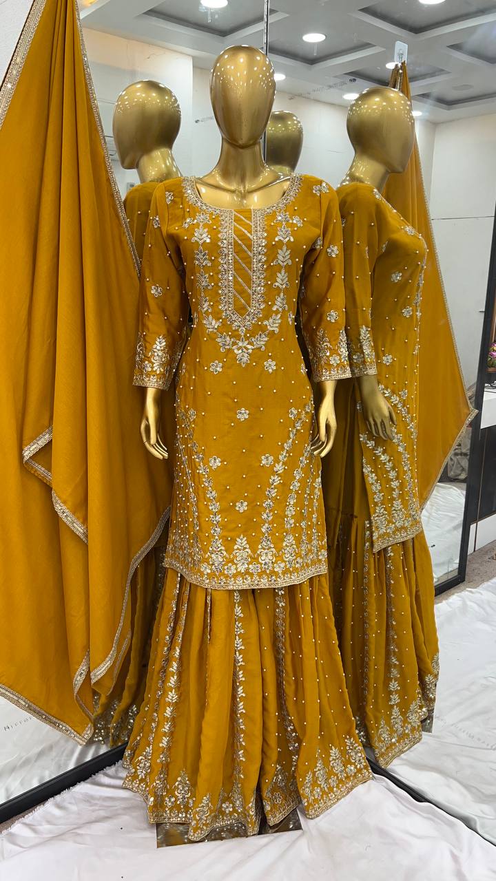 Party Wear Look Top-Plazzo and Dupatta With Heavy Embroidery Work