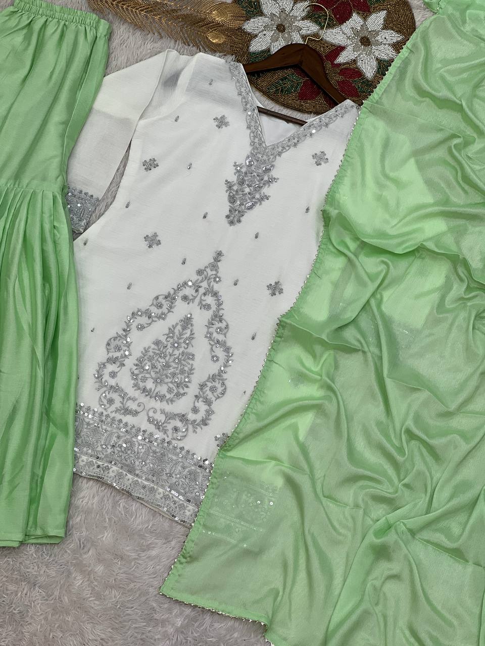 NEW PAKISTANI READY TO WEAR COLLECTION WITH EMBROIDERY SEQUENSE WORK TOP-SHARARA WITH DUPATTA