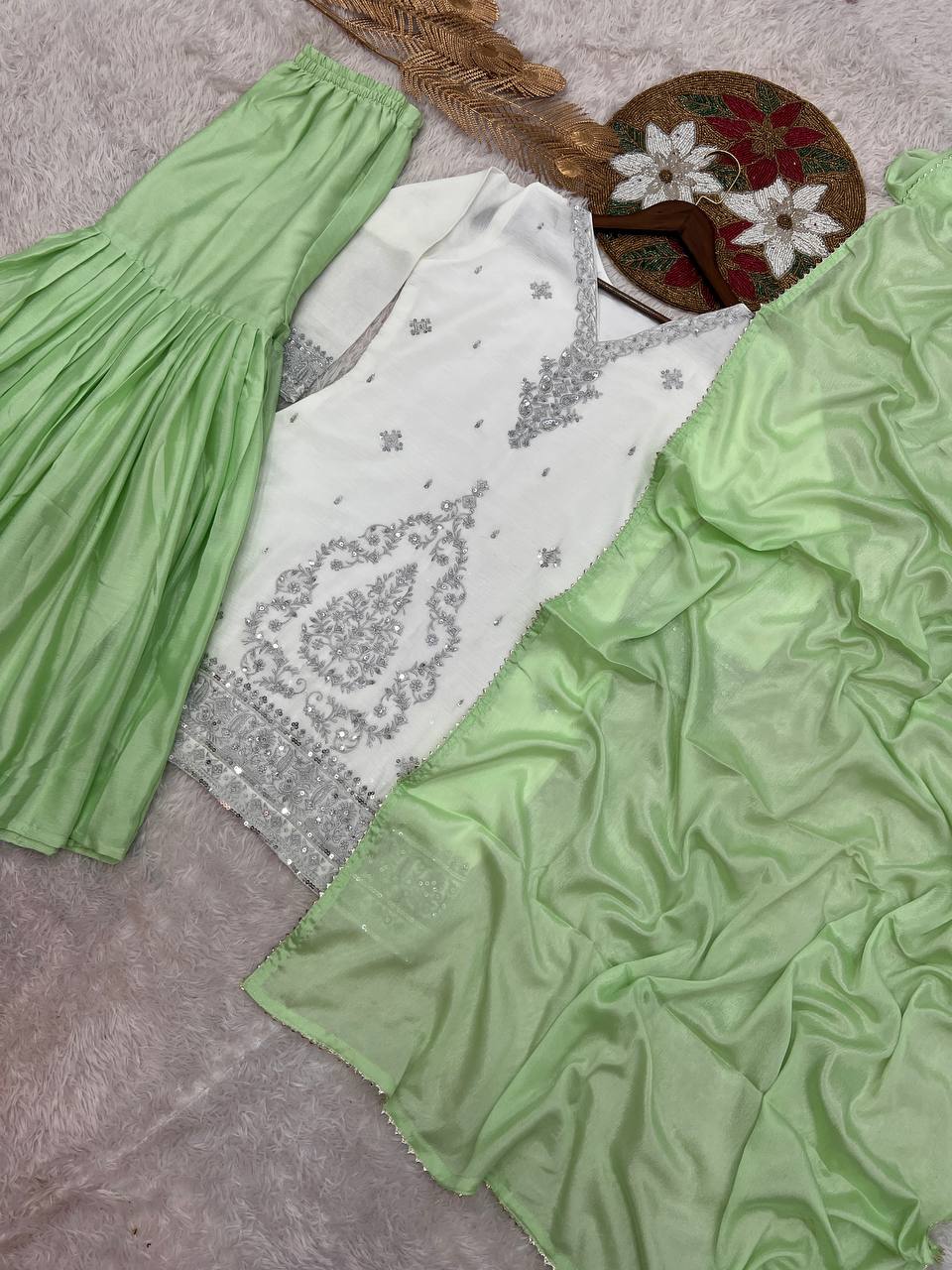 NEW PAKISTANI READY TO WEAR COLLECTION WITH EMBROIDERY SEQUENSE WORK TOP-SHARARA WITH DUPATTA