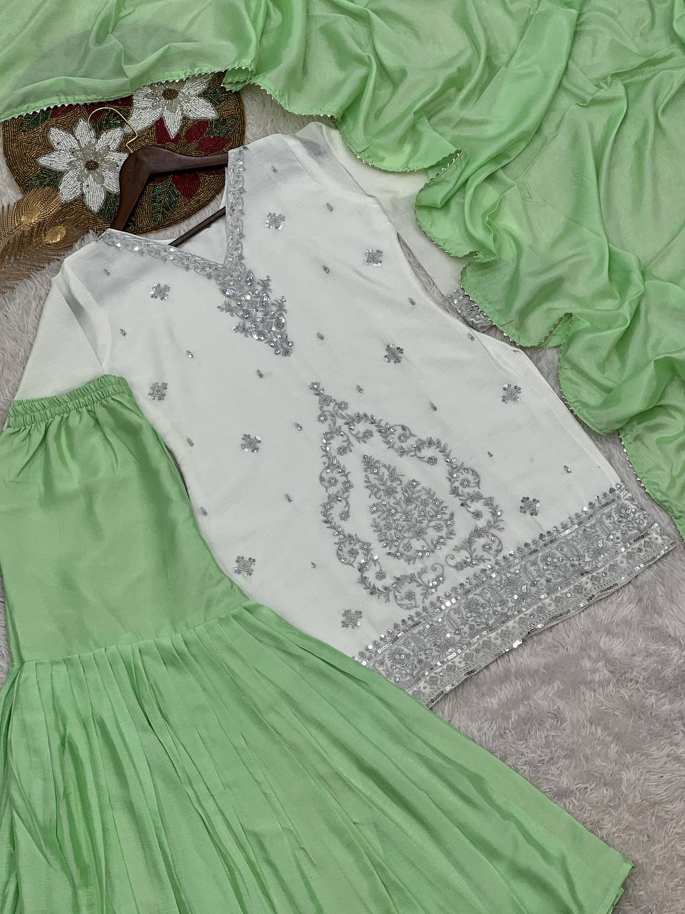 NEW PAKISTANI READY TO WEAR COLLECTION WITH EMBROIDERY SEQUENSE WORK TOP-SHARARA WITH DUPATTA