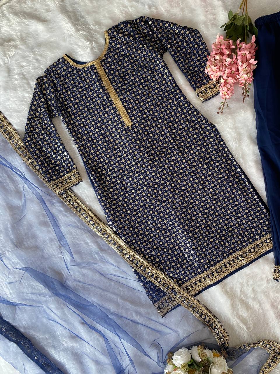 PARTY WEAR LOOK TOP-PLAZZO AND DUPPTA SET WITH HEAVY EMBROIDERY SEQUENCE WORK READY TO WEAR