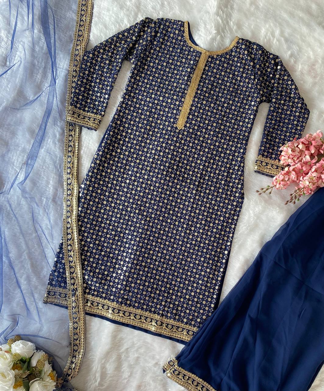 PARTY WEAR LOOK TOP-PLAZZO AND DUPPTA SET WITH HEAVY EMBROIDERY SEQUENCE WORK READY TO WEAR