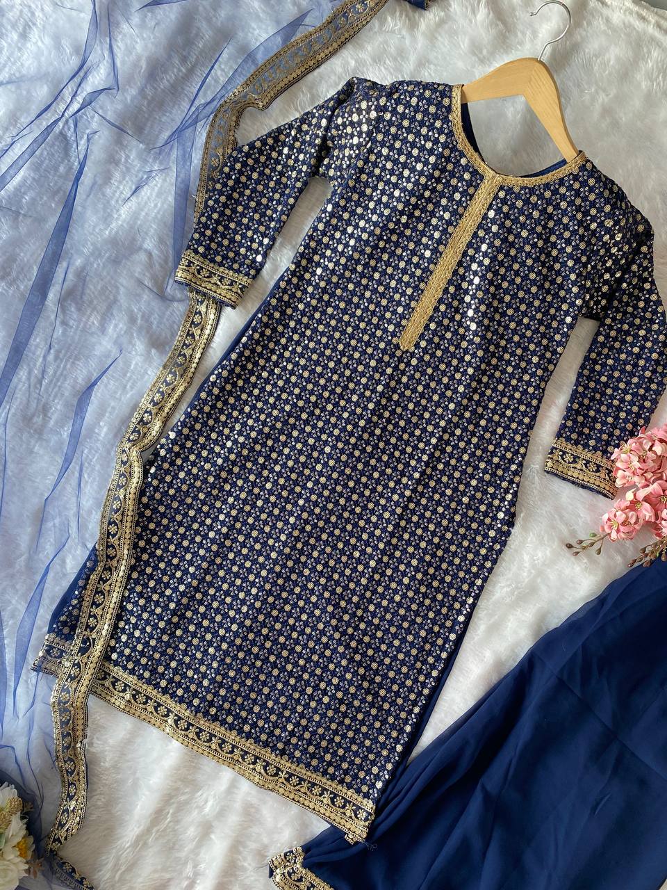 PARTY WEAR LOOK TOP-PLAZZO AND DUPPTA SET WITH HEAVY EMBROIDERY SEQUENCE WORK READY TO WEAR