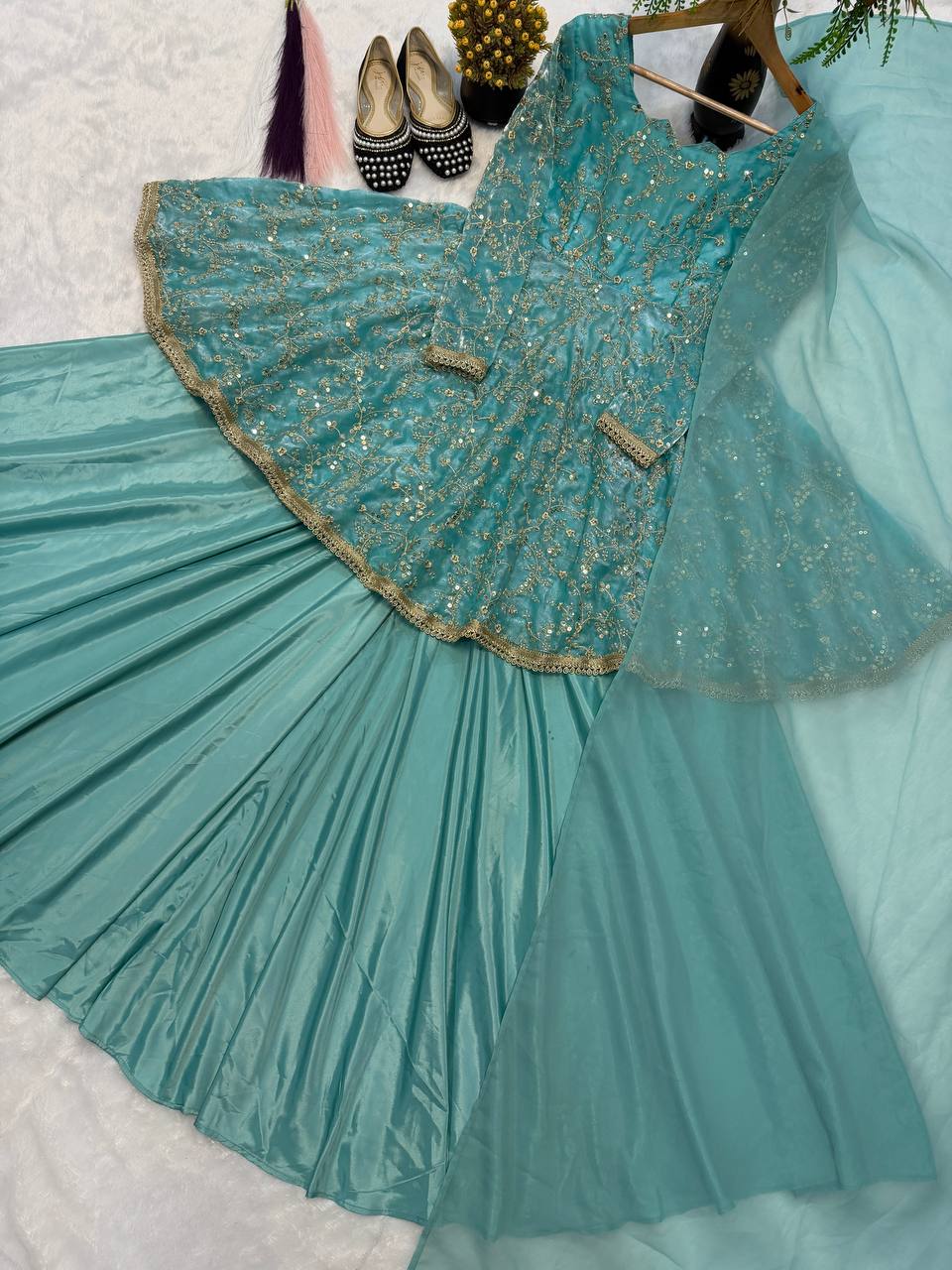 Heavy Fandy Silk With Heavy Embroidery 5mm Sequence Work With Full Sleeve With Readymade Less.