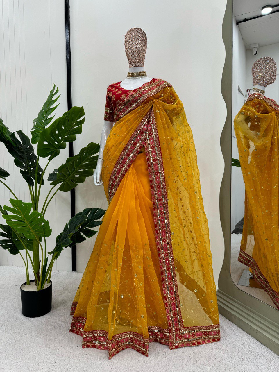 yellow colour beautiful Designer Saree on Havy Organza Silk Febric with 9MM Sequnce With Thred work and Blouse on Mono Benglori Silk Febric With Sequnce & Thred work.