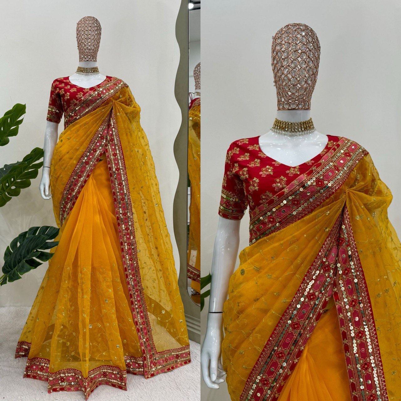 yellow colour beautiful Designer Saree on Havy Organza Silk Febric with 9MM Sequnce With Thred work and Blouse on Mono Benglori Silk Febric With Sequnce & Thred work.