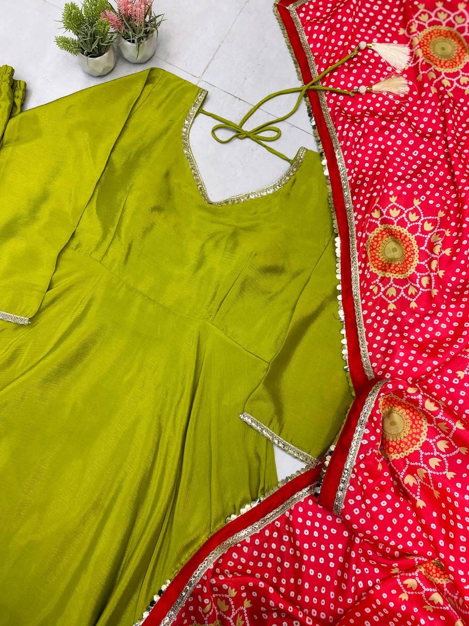 DESIGNER AND ELEGANCE GOWN IN THREE PIECE WITH PRINTED BANDHNI DUPATTA