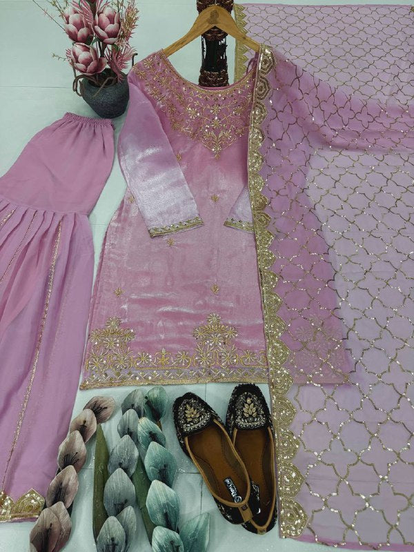 DESIGNER HEAVY JIMMY CHOO ORGANZA EMBROIDERED SEQUENCE WORK WITH FANCY TOP SHARARA DUPATTA SET
