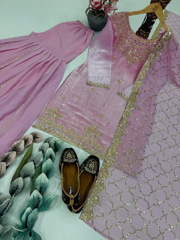 DESIGNER HEAVY JIMMY CHOO ORGANZA EMBROIDERED SEQUENCE WORK WITH FANCY TOP SHARARA DUPATTA SET