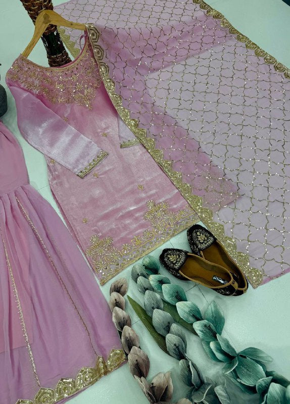 DESIGNER HEAVY JIMMY CHOO ORGANZA EMBROIDERED SEQUENCE WORK WITH FANCY TOP SHARARA DUPATTA SET