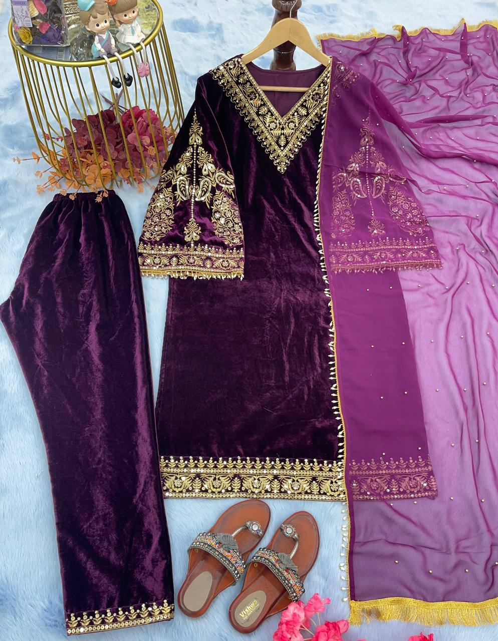 Heavy Pure Viscose Velvet With Embroidery suit