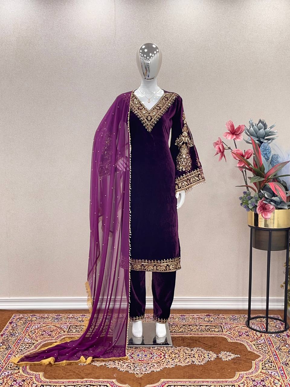 Heavy Pure Viscose Velvet With Embroidery suit