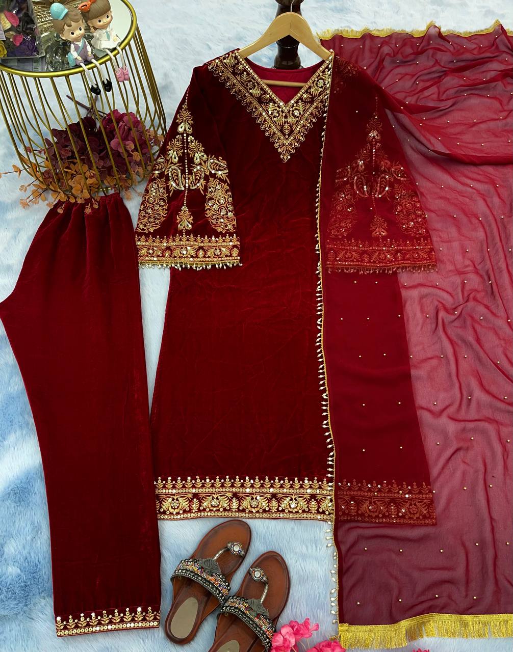 Heavy Pure Viscose Velvet With Embroidery suit