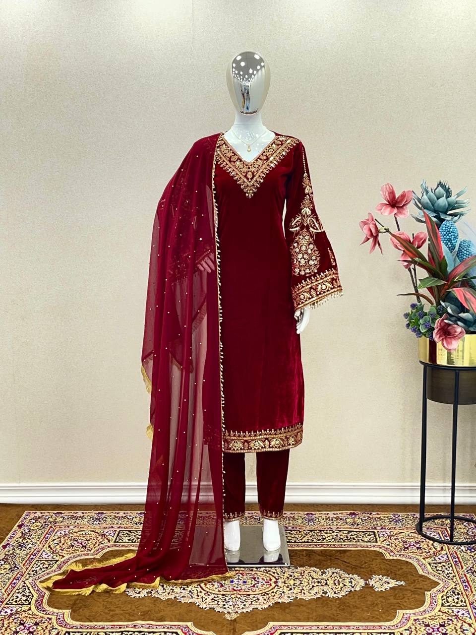 Heavy Pure Viscose Velvet With Embroidery suit