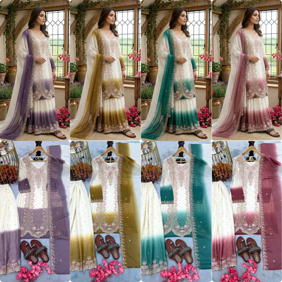 Đěsigner Party Wear Look Pur Heavy Dual Tone Peding Star Georgette Top Plazzo & Dupatta Set