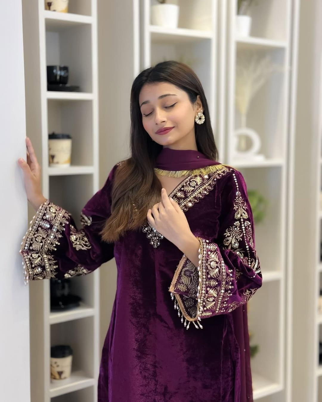 Heavy Pure Viscose Velvet With Embroidery suit
