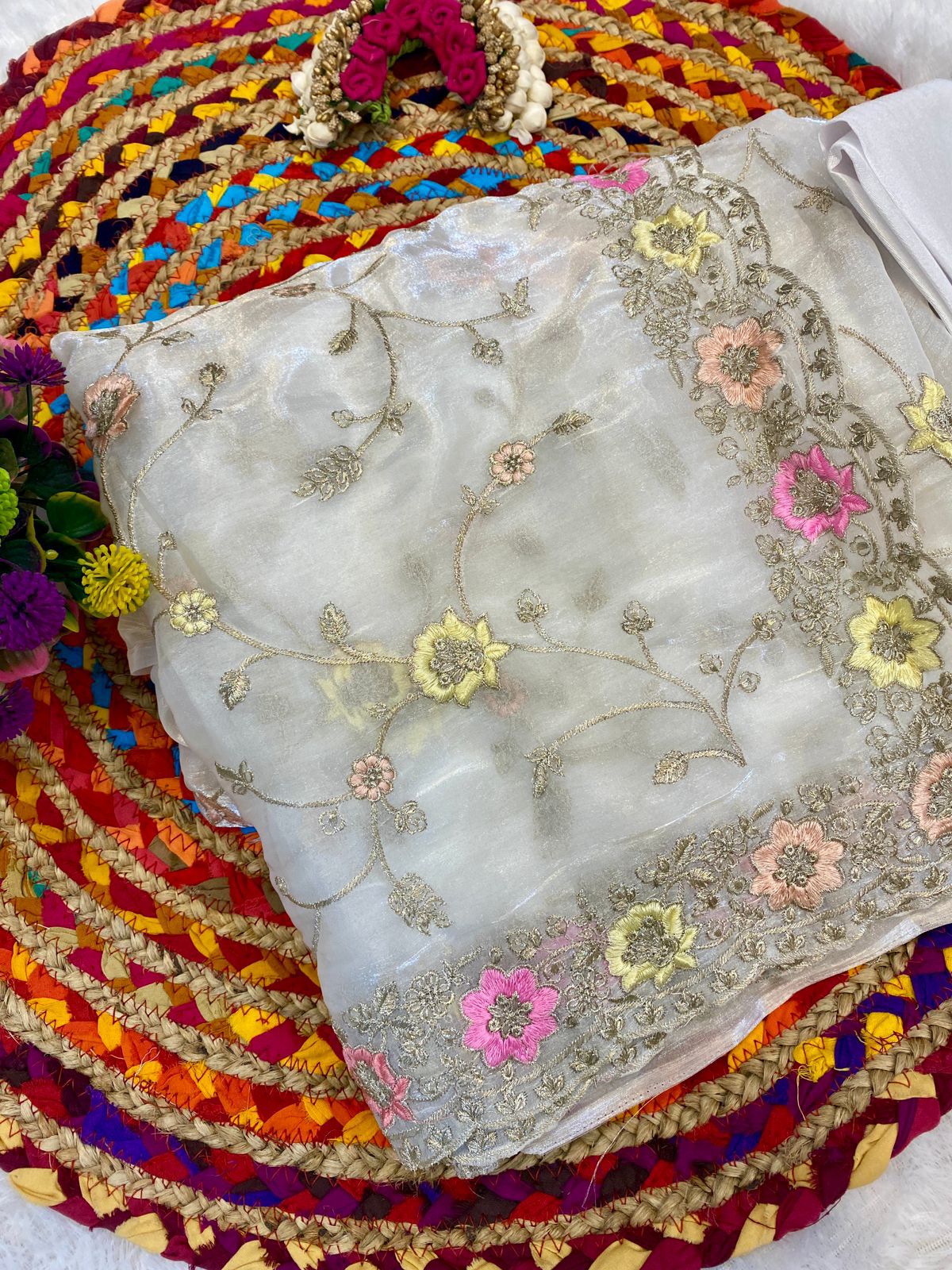 jimmyChoo fabric delicately crafted with multicolored thread and zaridori embroidery