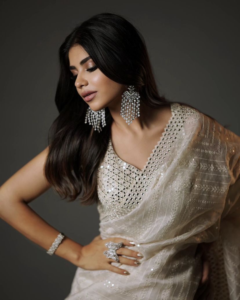 Pure organza fabric with heavy seqnce & thread work embroidery