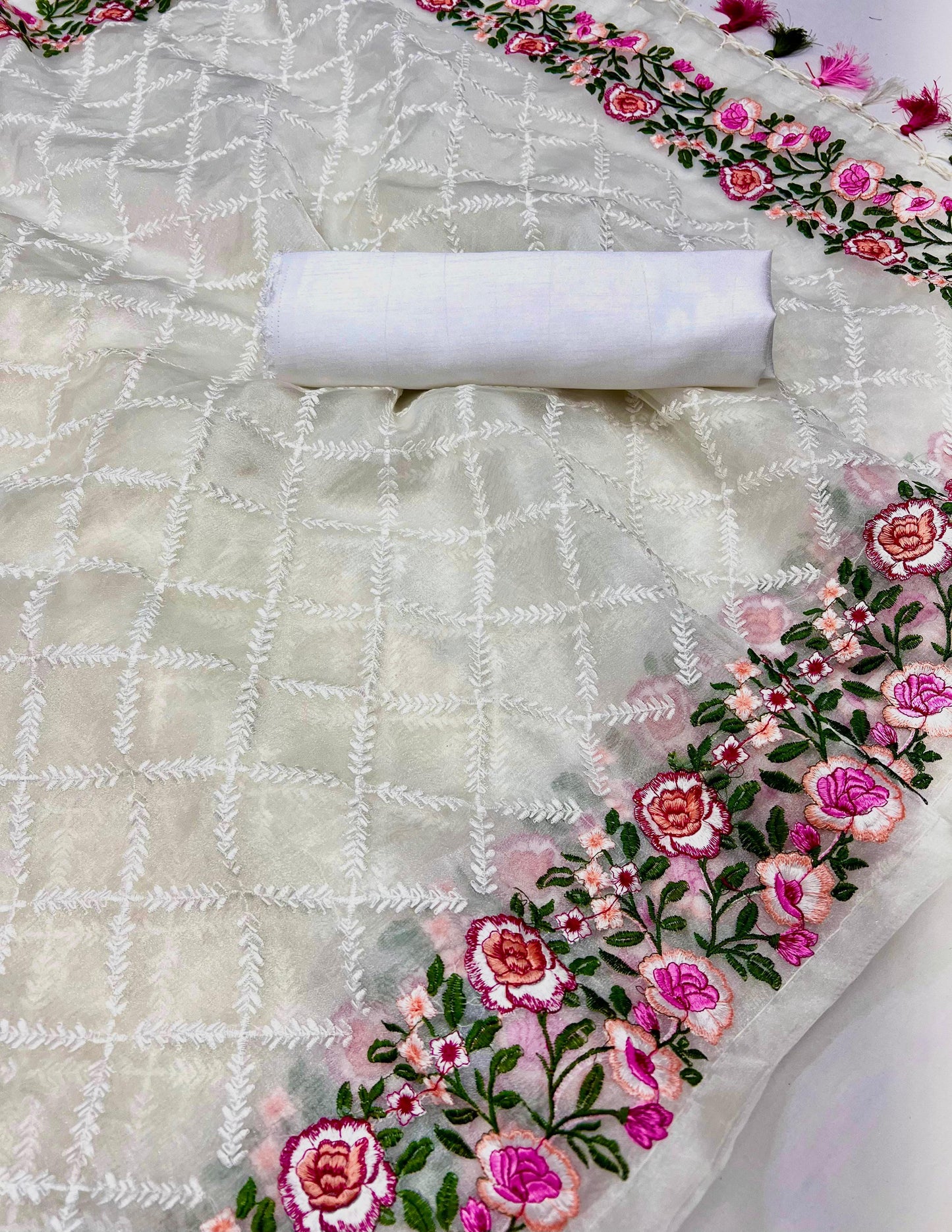 Pure soft Off-white silk organza saree with Lucknowi & haal work