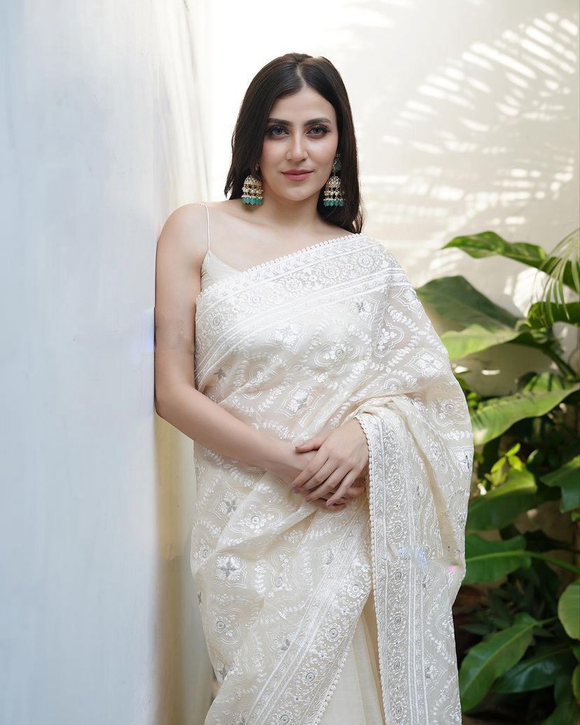 Pure soft Off-white silk organza saree with Lucknowi