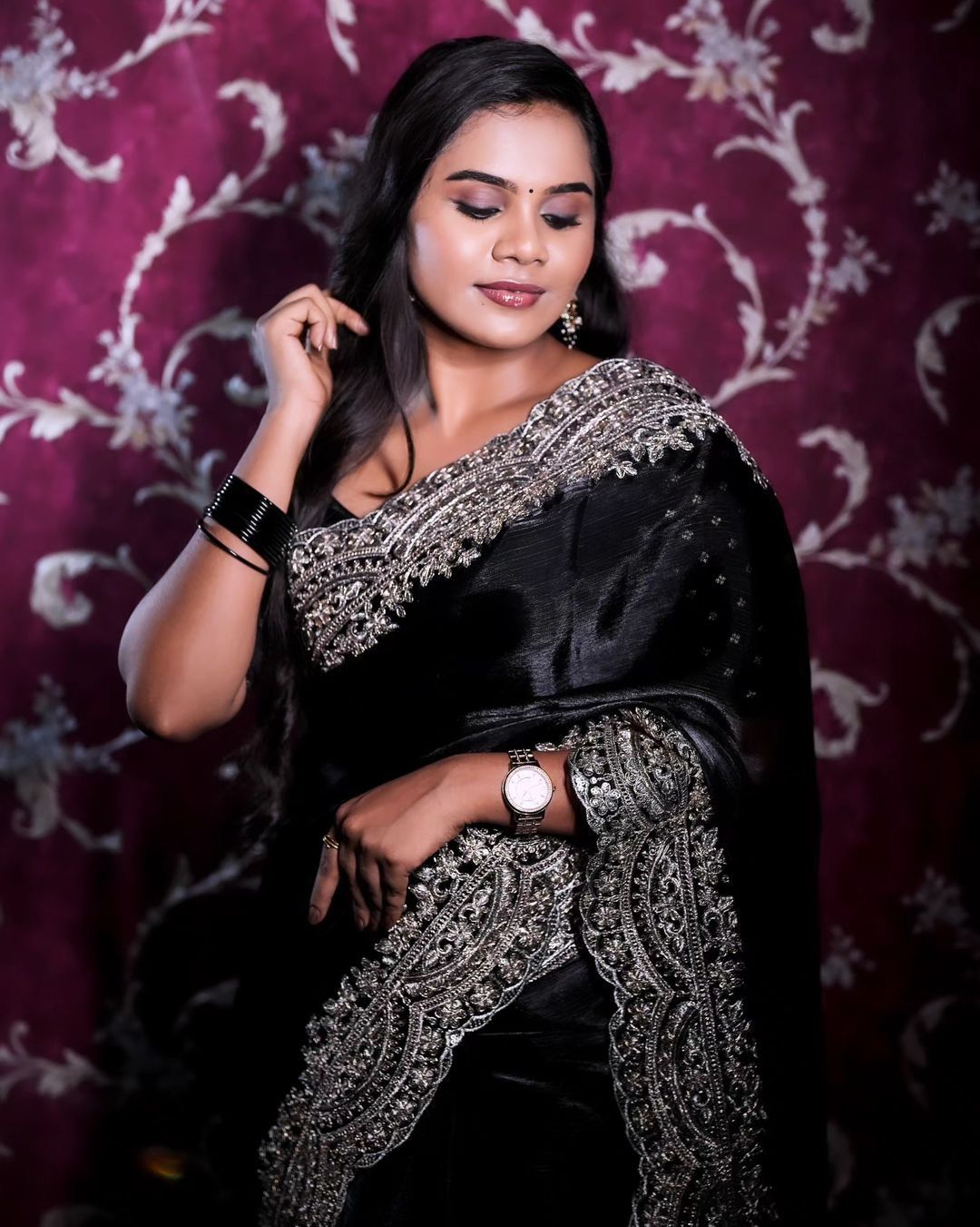 Soft satin organza black colour saree fabric with heavy coding seqnce panel work in all over sarees
