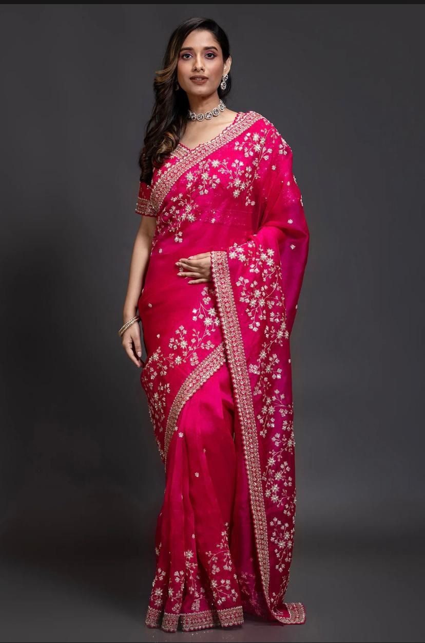 Pure organza fabric sarees with thread & seqnce work
