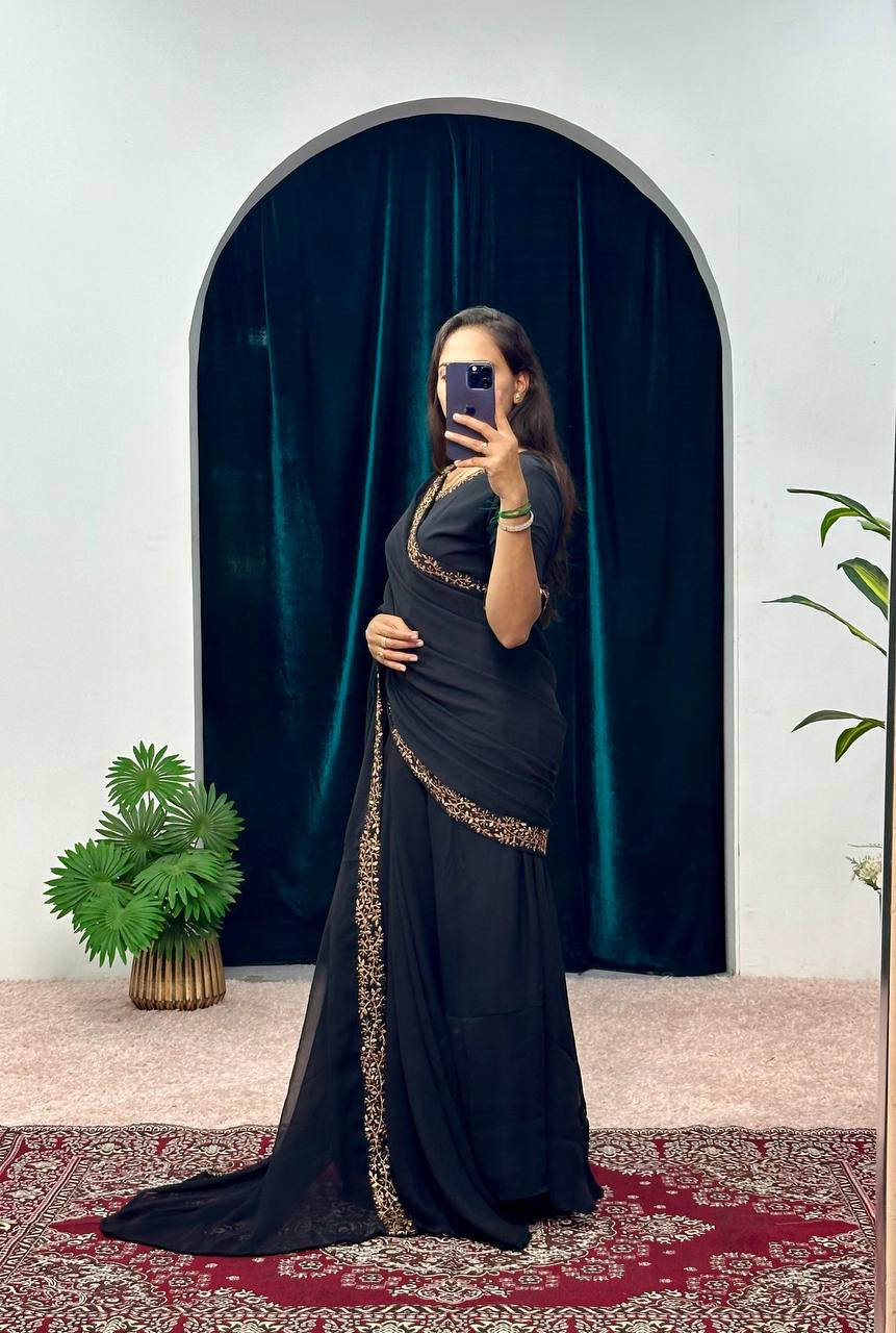 NEW SUPERHIT TRENDING FAUX GEORGETTE FABRIC WITH EMBROIDERY WORK FULL FLAIR STITCHED SAREE-GOWN 4 SIZE
