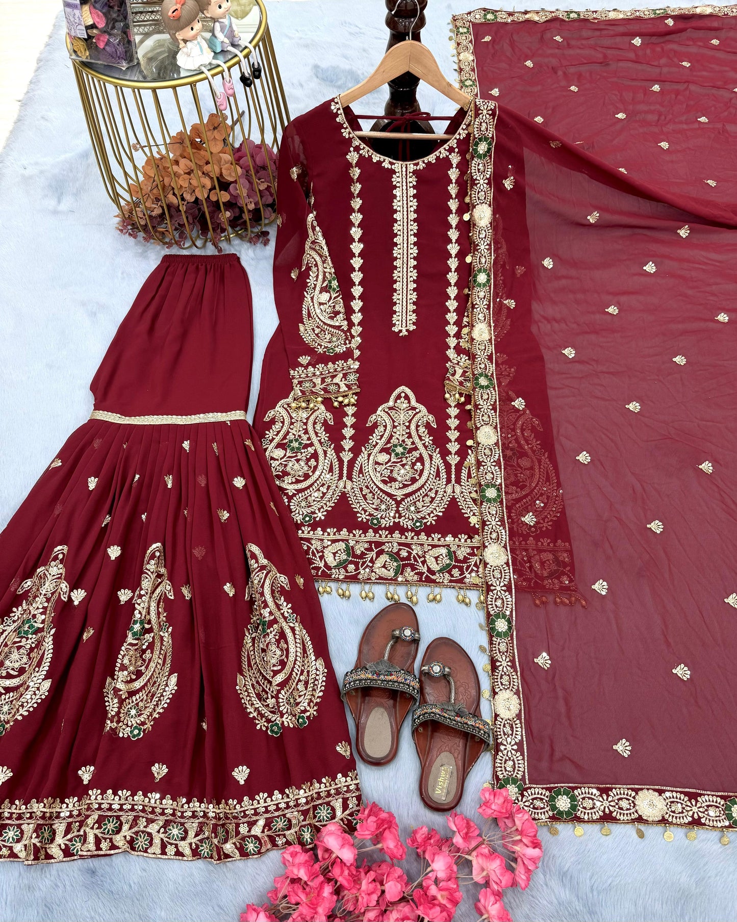 Đěsigner Party Wear Look Heavy Faux Georgette Top Plazzo & Dupatta Set