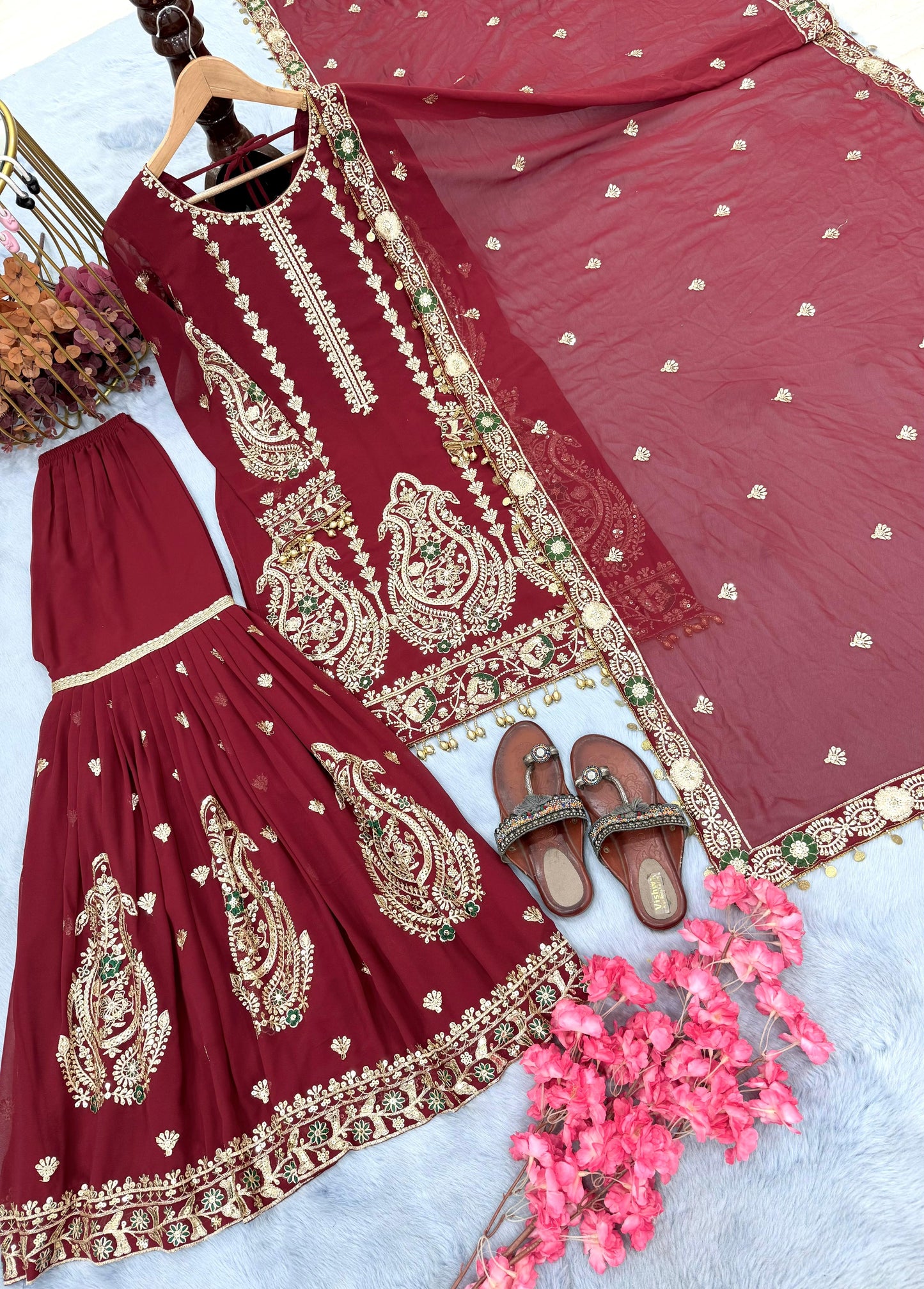 Đěsigner Party Wear Look Heavy Faux Georgette Top Plazzo & Dupatta Set