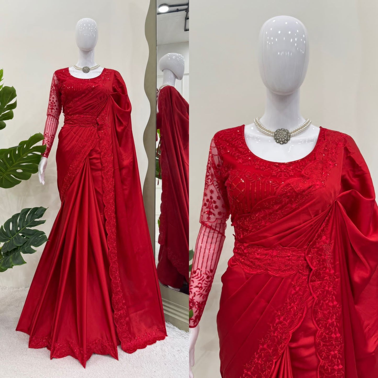 Looking some one for this same colour beautiful Designer Saree on Satin Silk Febric with Thred & Sequnce work Blouse on Soft net Febric with Thred with Sequnce work and Belt on also Satin silk febric