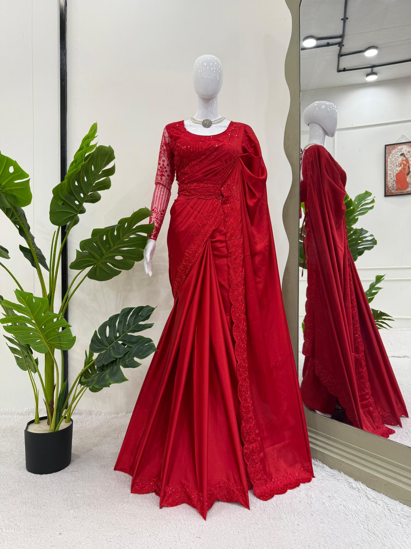 Looking some one for this same colour beautiful Designer Saree on Satin Silk Febric with Thred & Sequnce work Blouse on Soft net Febric with Thred with Sequnce work and Belt on also Satin silk febric