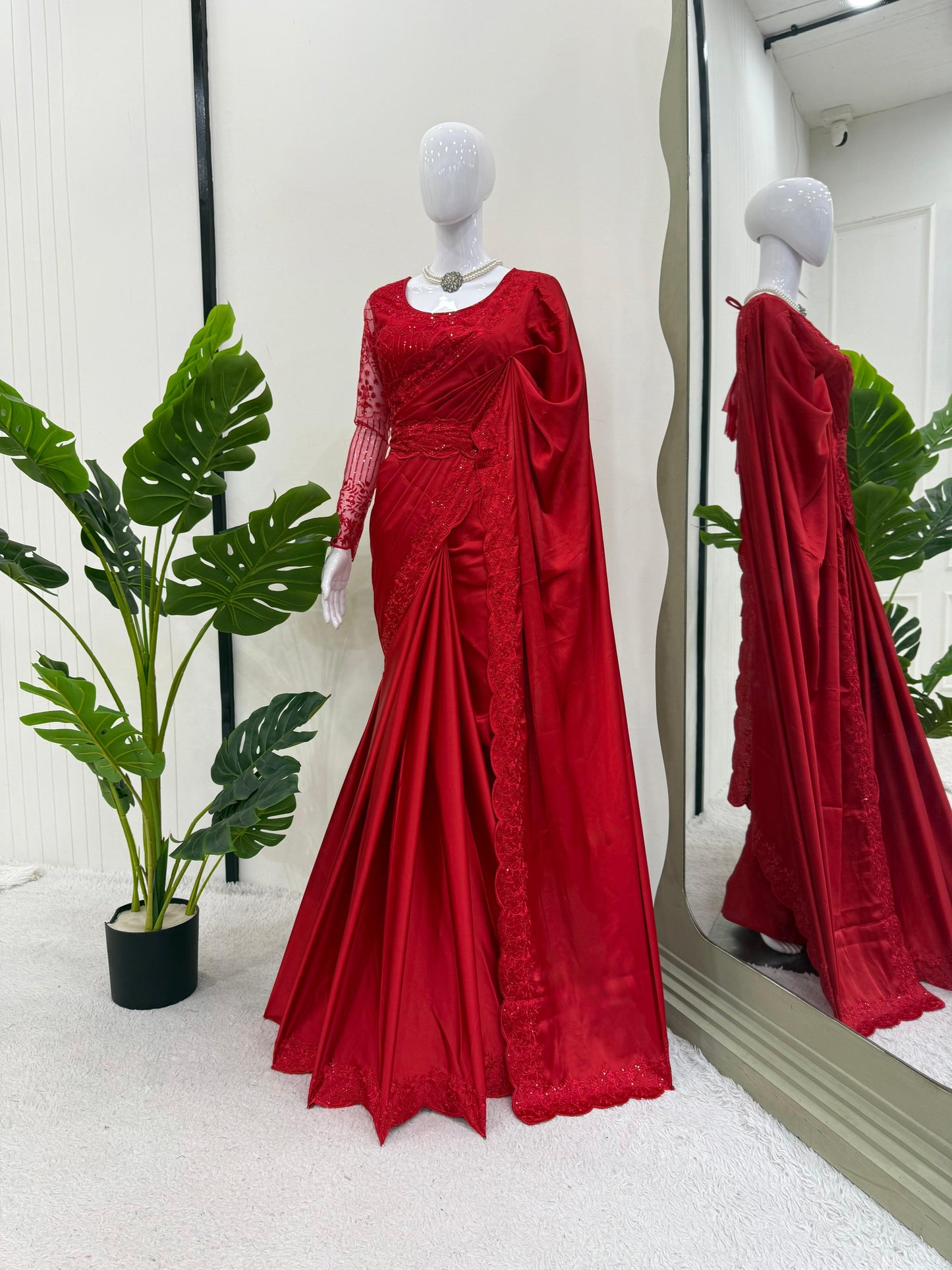Looking some one for this same colour beautiful Designer Saree on Satin Silk Febric with Thred & Sequnce work Blouse on Soft net Febric with Thred with Sequnce work and Belt on also Satin silk febric