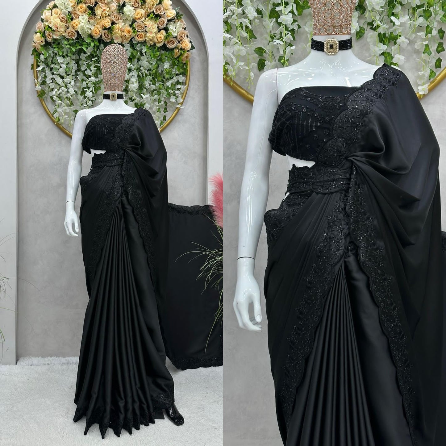 Looking some one for this same colour beautiful Designer Saree on Satin Silk Febric with Thred & Sequnce work Blouse on Soft net Febric with Thred with Sequnce work and Belt on also Satin silk febric