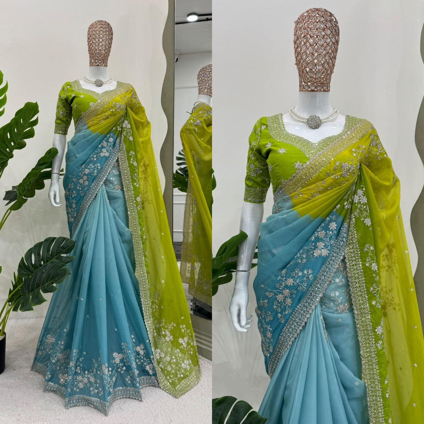 Looking some one for this same colour beautiful Designer Saree on Tibby silk Febric with Thred & Sequnce work with Digital Print and Blouse on Mono Benglori Silk Febric With Thred & Sequnce work