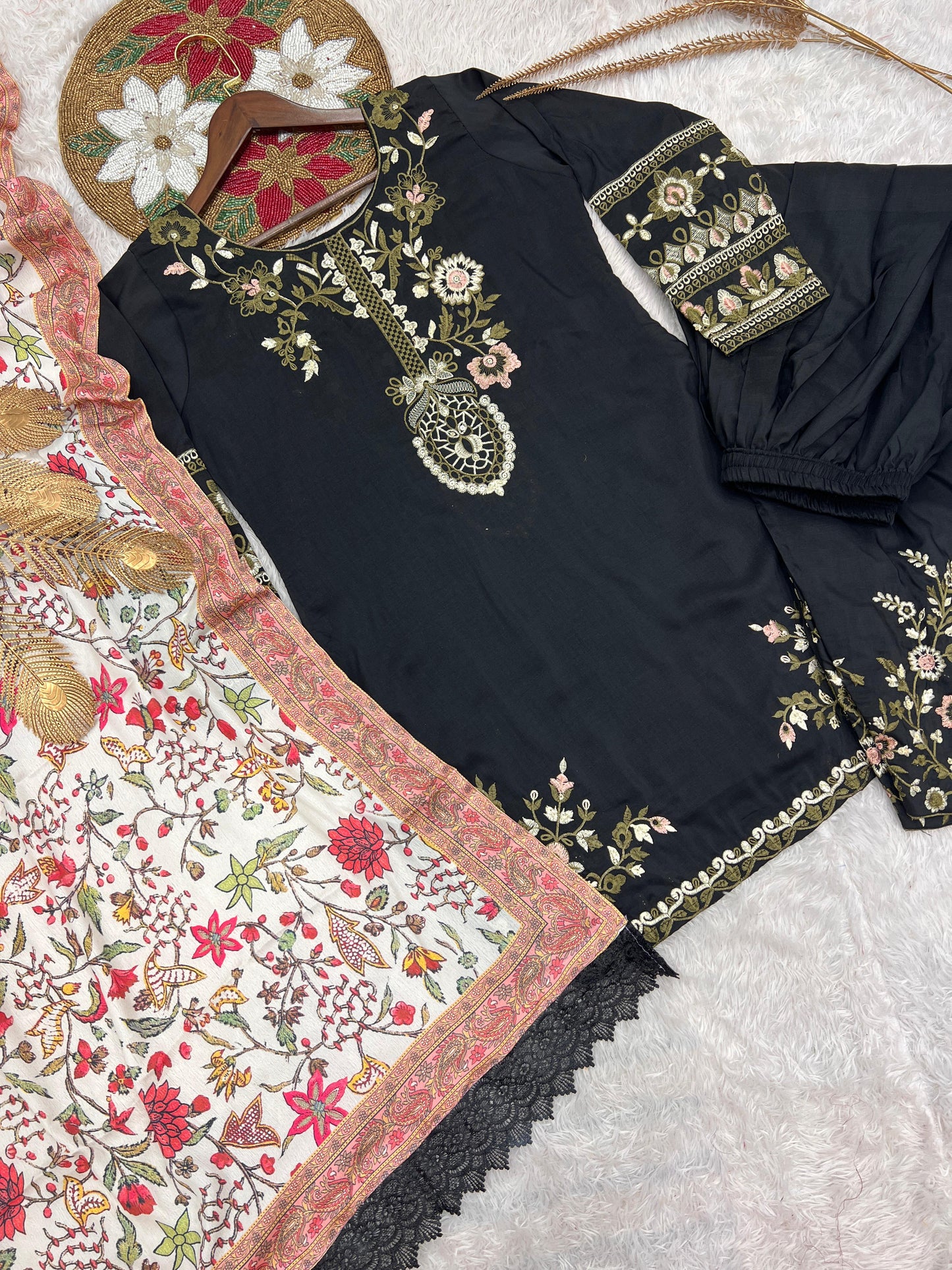 NEW FASHIONABLE COLLECTION 3 PIECE FANCY KURTI WITH BOTTOM AND PRINTED DUPATTA
