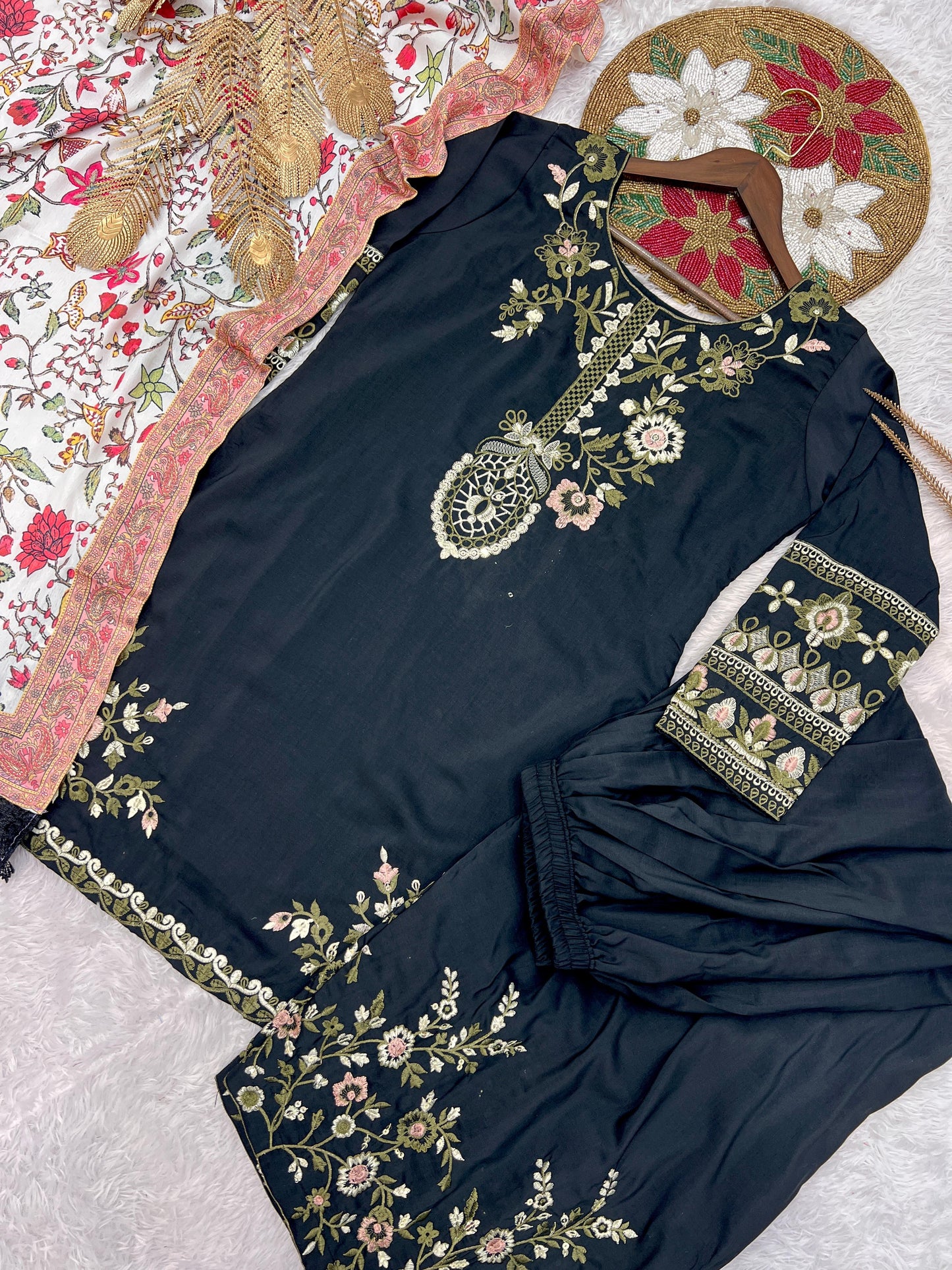NEW FASHIONABLE COLLECTION 3 PIECE FANCY KURTI WITH BOTTOM AND PRINTED DUPATTA