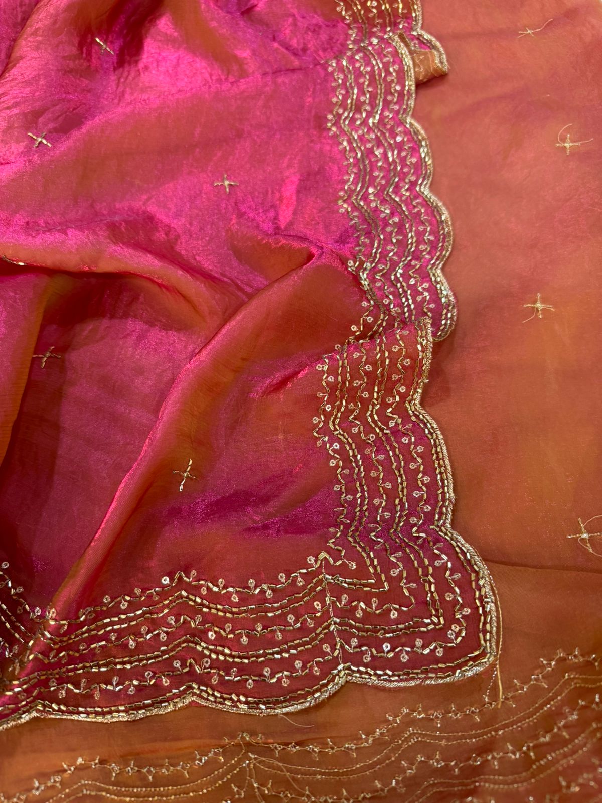 Premium two tone Space Silk Saree with beautiful multi sequence & cutdena work in all over saree Paired with a matching embroidery blouse featuring rich embroidery work