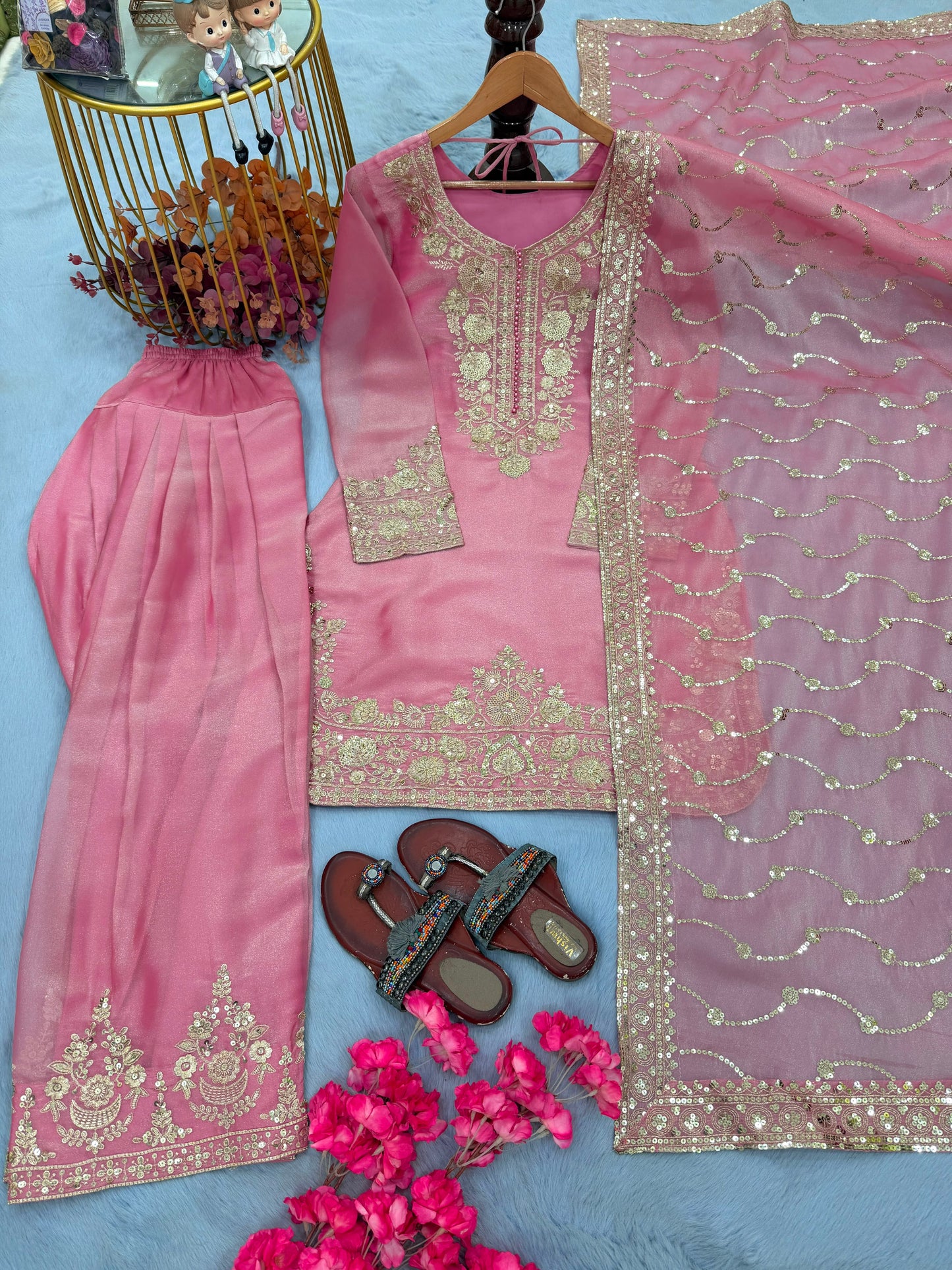 New 🦋 Đěsigner Party Wear Look Pur Nc Moss Silk Top & Farshi Palazzo With Dupatta set