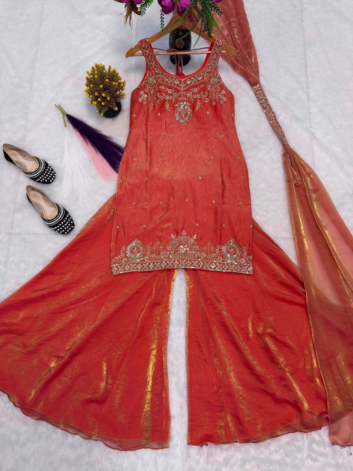 Premium Quality With Embroidery Sequence Worked Top-Plazzo And Dupatta Set Fully Stitched Ready To Wear
