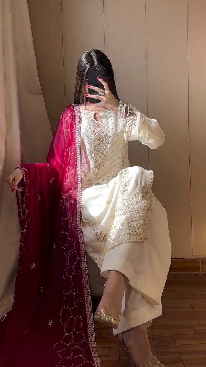 FESTIVAL SPECIAL HEAVY SEQUENCE EMBROIDERY ON SILK FABRIC TOP AND PLAZZO WITH DUPATTA SET