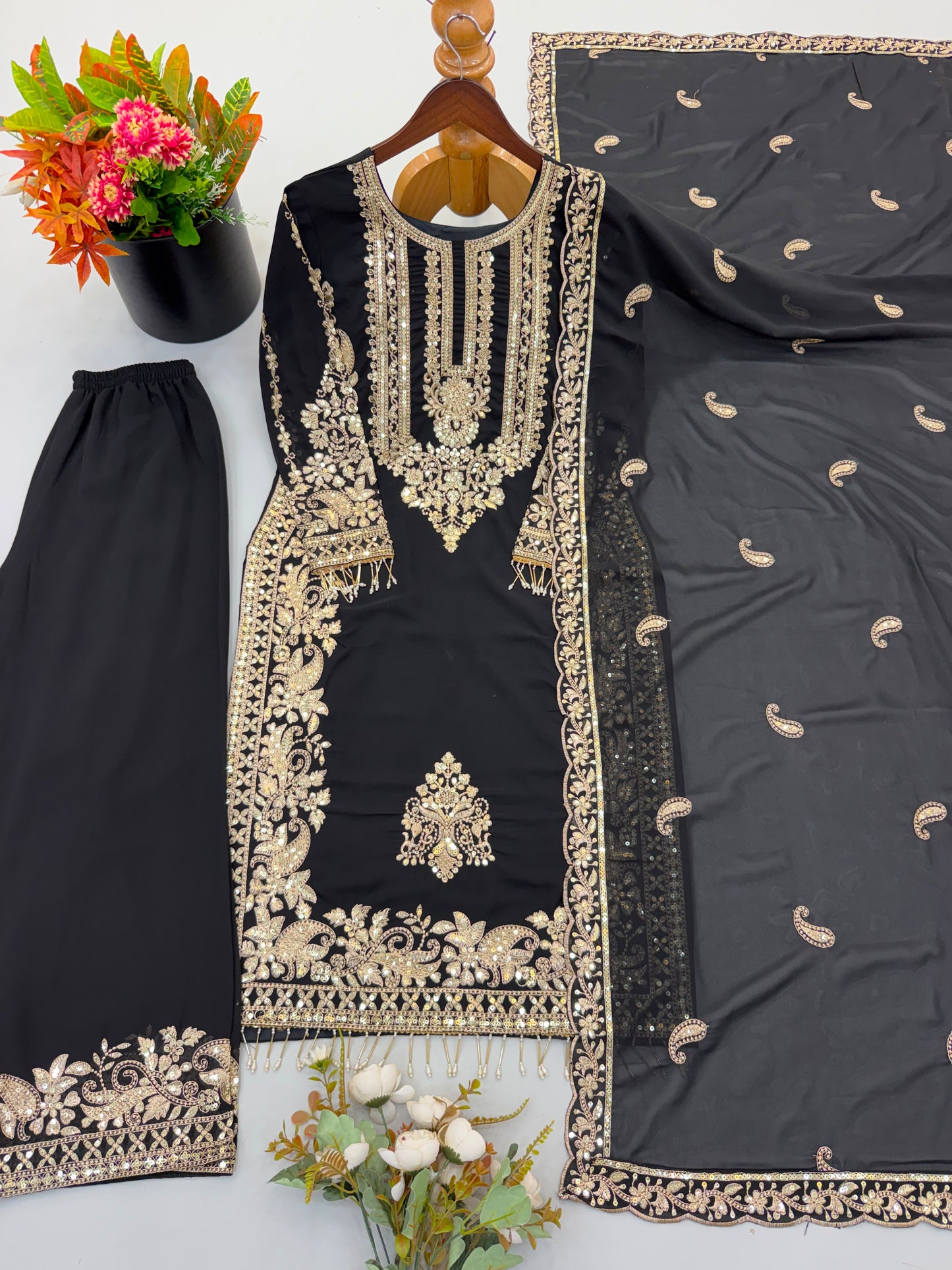 New Collection In Faux Georgette With Heavy Embroidery Sequence Work Top-Bottom And Dupatta Set Fully Stitched Ready To Wear 9