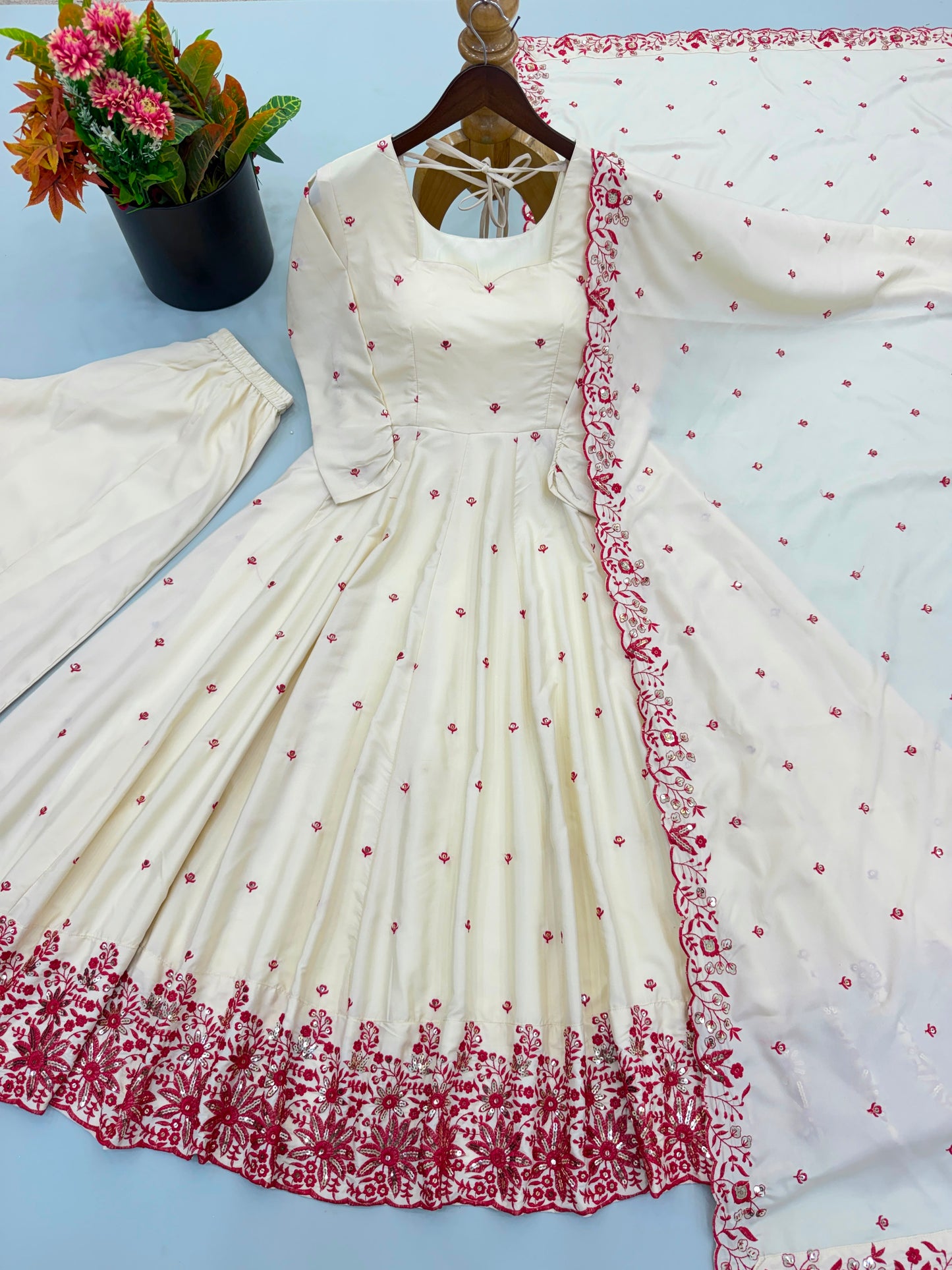 New Designer Collection In Dimond Silk With Embroidery Work Gown And Dupatta Set Fully Stitched Ready To Wear