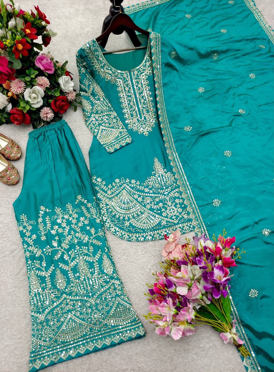 New Design Trending Cinon Silk Top&Pent Palazzo&dupatta Reddy To Wear Look Designs
