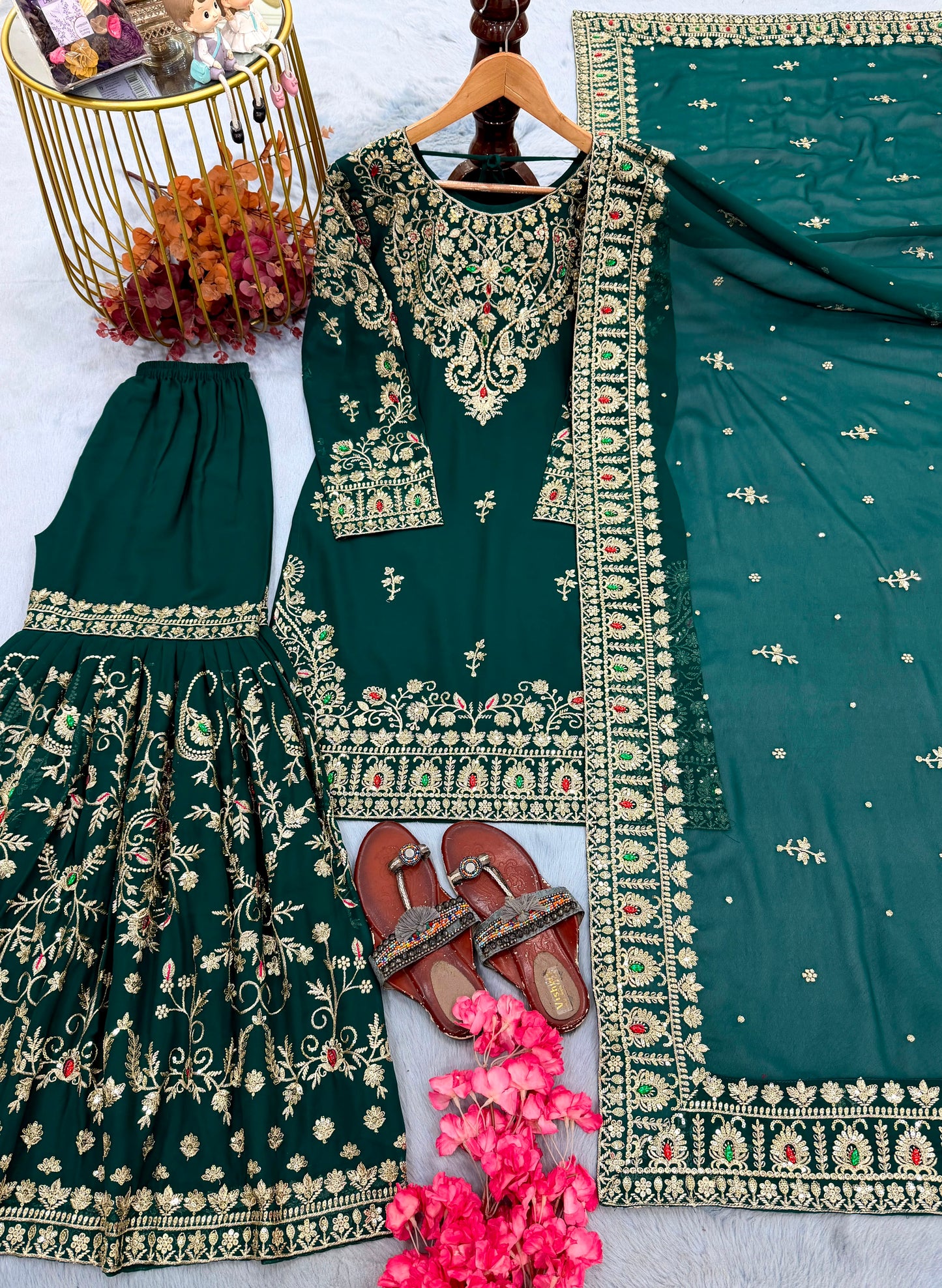 Đěsigner Party Wear Look Heavy Faux Georgette Top Plazzo & Dupatta Set