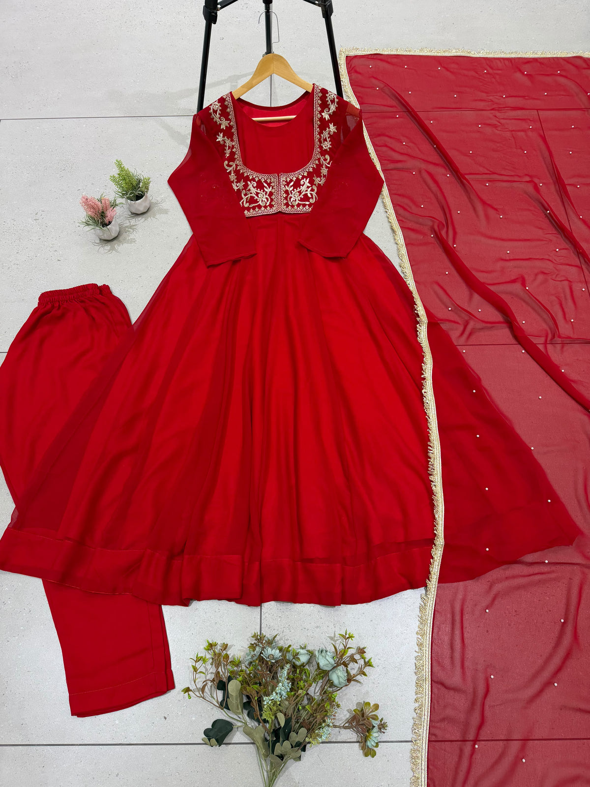 OUR BEAUTIFUL ANARKALI STYLED RED GOWN WITH PANT AND DUPATTA