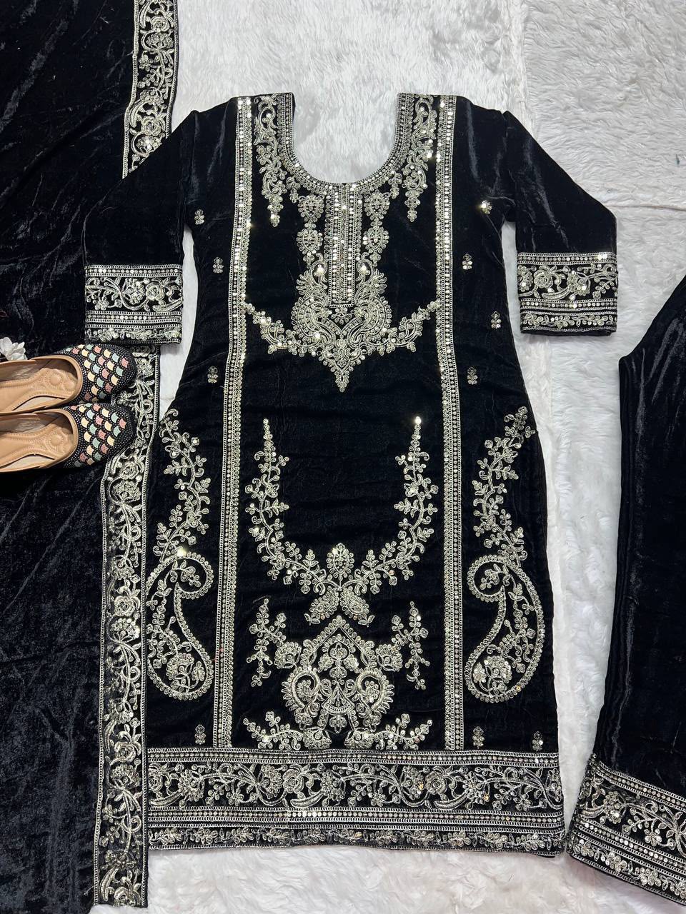 Pure Heavy Viscous Velvet With Heavy Embroidery Coding Sequence Work With Full Embroidery Sleeve