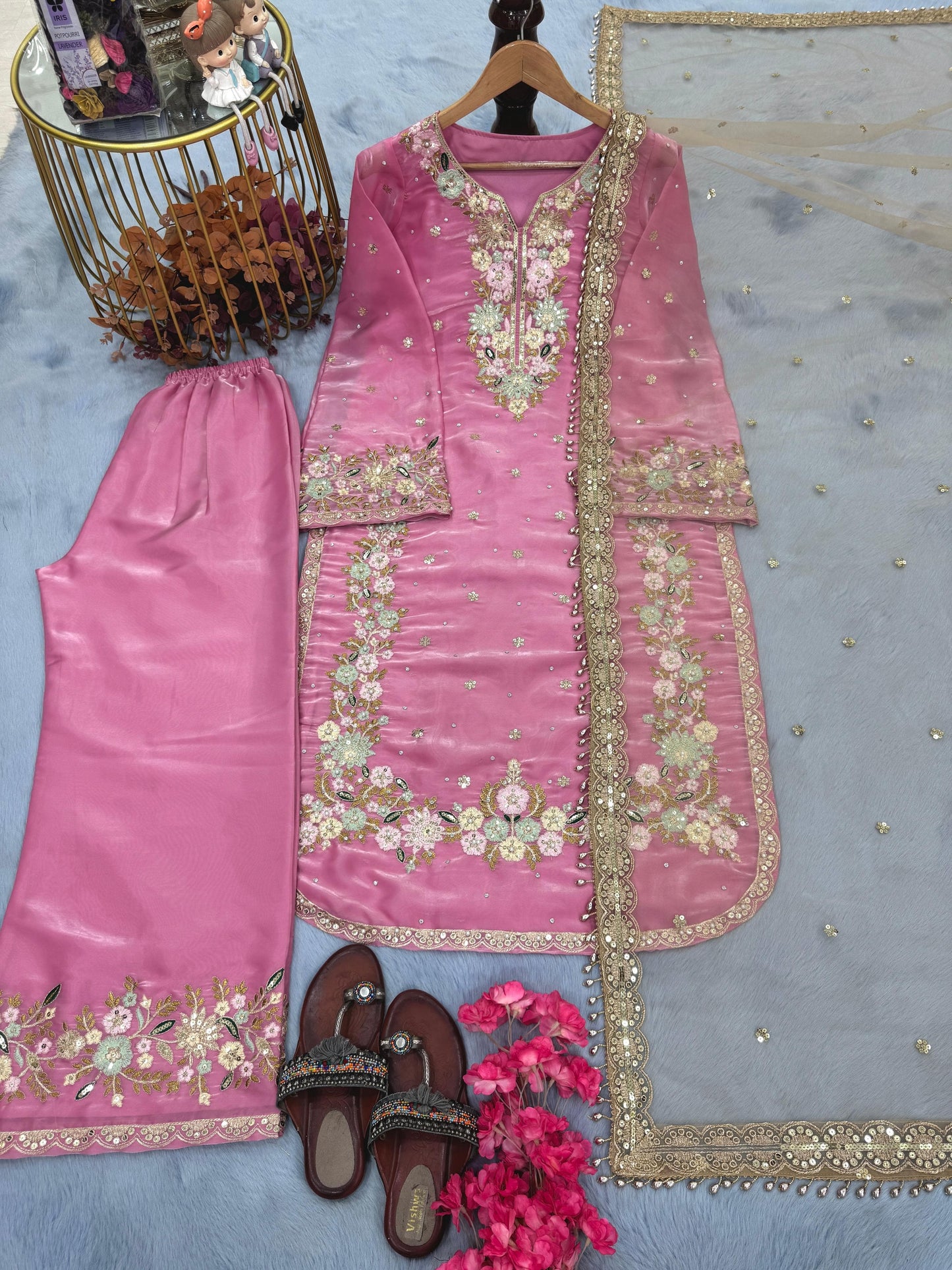 Đěsigner Party Wear Look Pur Chinon Silk Top Plazzo & Dupatta Set